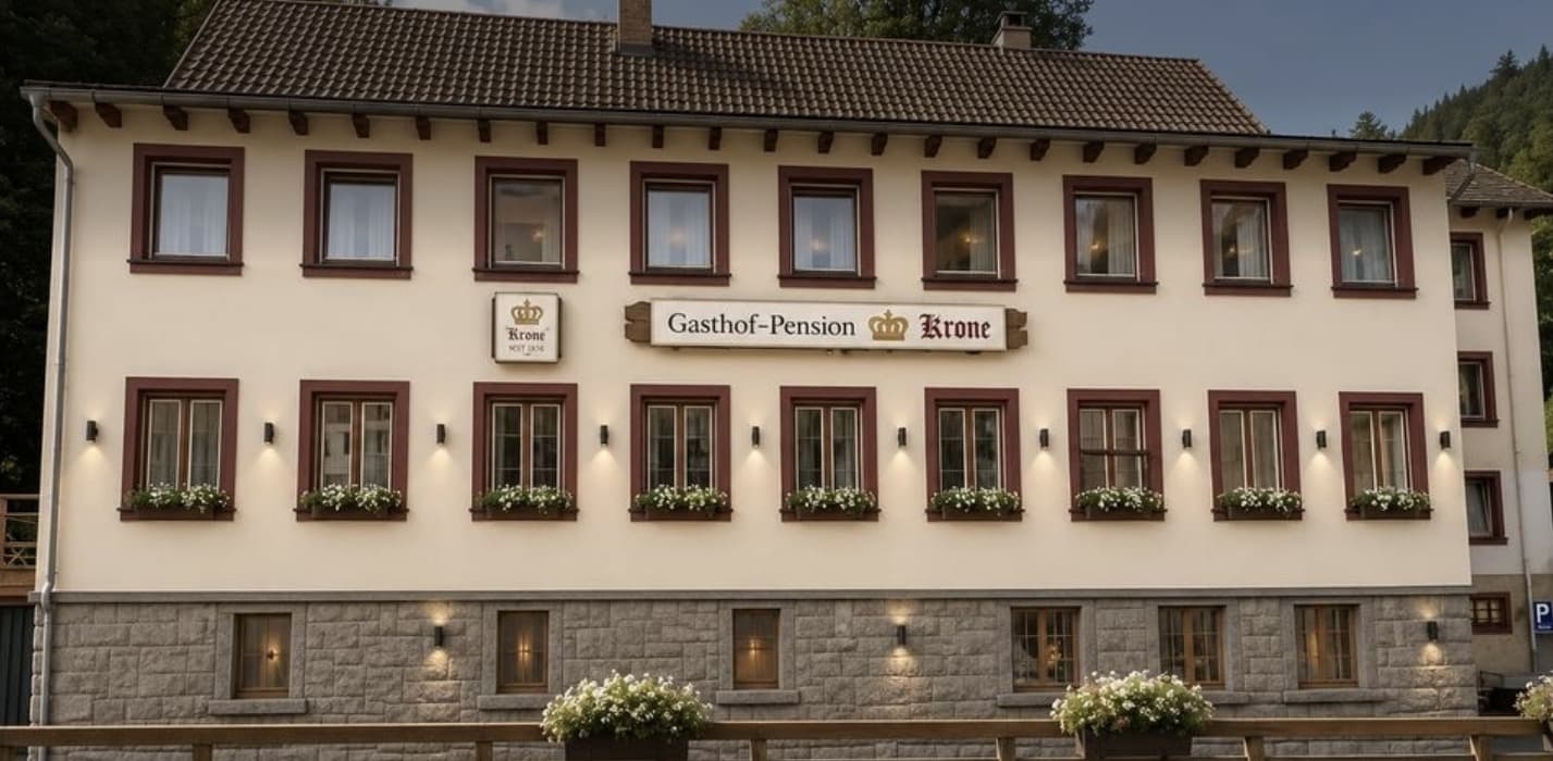 Ausschnitt der Hausansicht nach der Renovierung: helle Fassade mit dunkelroten Fensterrahmen, Blumenkästen und Wandleuchten